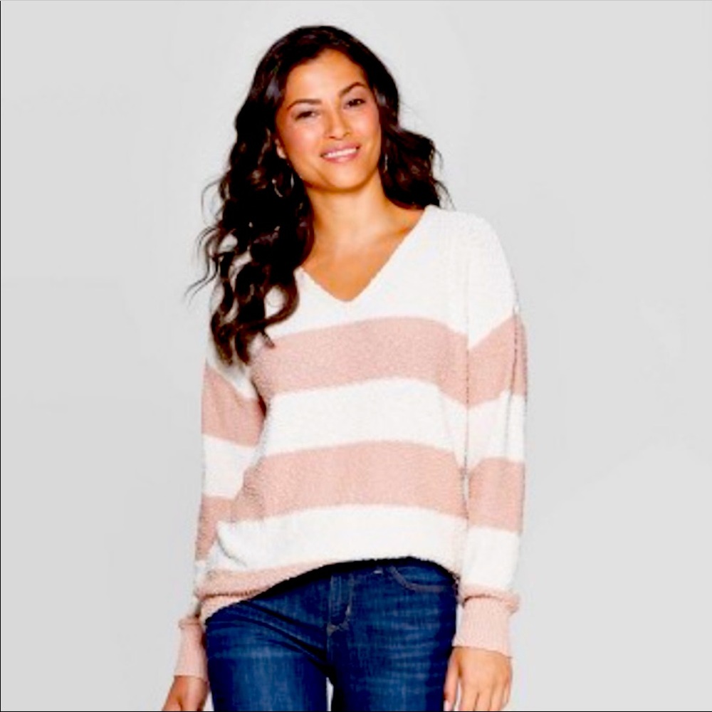 KNOX ROSE Women’s Cream Pink Striped Chunky Knit Long Sleeve V-Neck Sweater L
